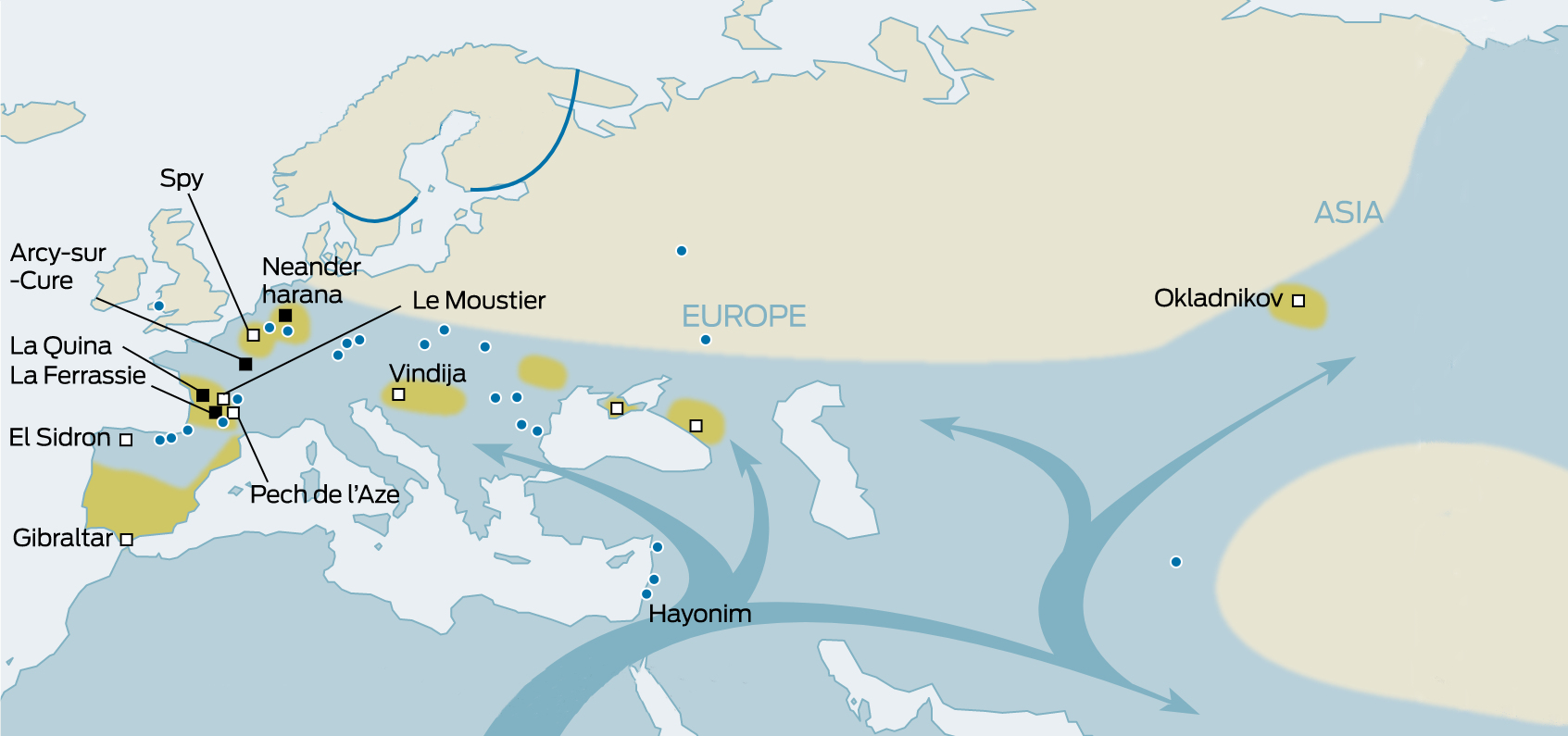 Map showing Neanderthal migration and settlement patterns across Europe and Asia